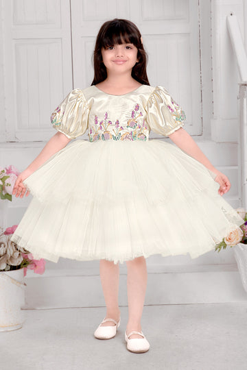 Golden Puff Sleeve Embroidered Ivory Tulle Party Dress for Girls