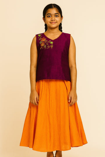 Festive Traditional Lehenga Set for Girls – Wine Sleeveless Embroidered Top with Bright Orange Flared Skirt