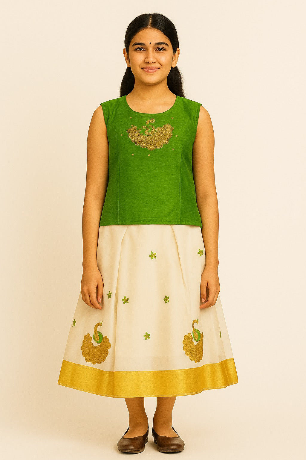 Traditional South Indian Pattu Frock for Girls – Green Sleeveless Blouse with Golden Peacock Motif & Cream Skirt with Zari Border - Inayah Fashion