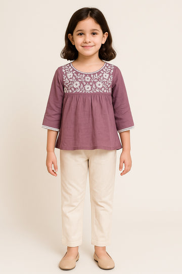 Girls Mauve Cotton Top with White Floral Embroidery & Beige Straight Pants – Elegant Everyday Ethnic-Inspired Kurti Pant Set