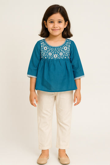 Girls Teal Blue Cotton Embroidered Top with Beige Straight Pants – Elegant Ethnic-Inspired Casual Kurti Pant Set
