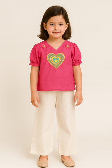 Fuchsia Pink Cotton Top with Colourful Heart Embroidery & Cream Palazzo Pants – Fun and Playful Co-Ord Set for Girls