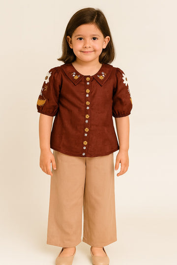 Girls Brown Sunflower Embroidered Cotton Shirt with Tan Palazzo Pants – Stylish Retro-Inspired Co-Ord Set for Everyday Chic