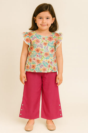 Multicolor Tropical Floral Printed Cap-Sleeve Top with Magenta Palazzo Pants – Vibrant Summer Co-Ord Set for Girls