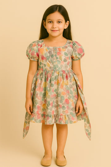Pastel Leaf-Print Cotton Frock with Puff Sleeves & Waist Tie – Soft & Elegant Everyday Dress for Girls - Inayah Fashion