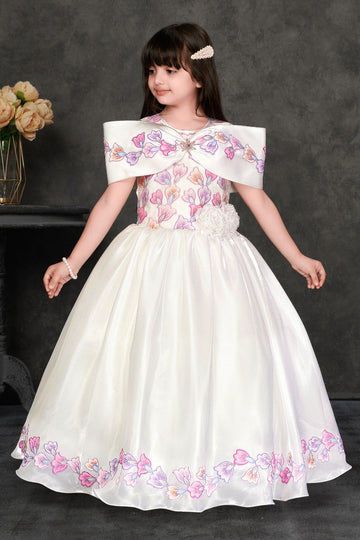White & Pastel Floral Embroidered Party Gown with Cape – Girls’ Dress