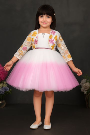 Blossom Pink Ombre Party Frock with Floral Jacket | Premium Girls Dress – Inayah Fashion