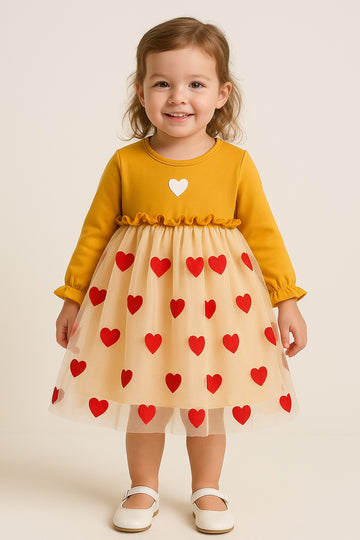 Mustard Yellow Cotton Frock with Red Heart Tulle Skirt for Baby Girls – Soft & Stylish