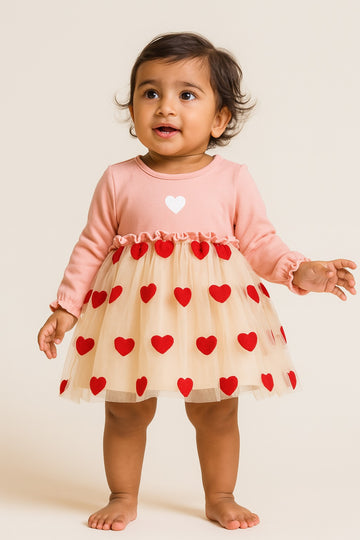 Sweetheart Pink Baby Dress with Red Heart Tulle Skirt – Long Sleeve Cotton Party Dress for Girls