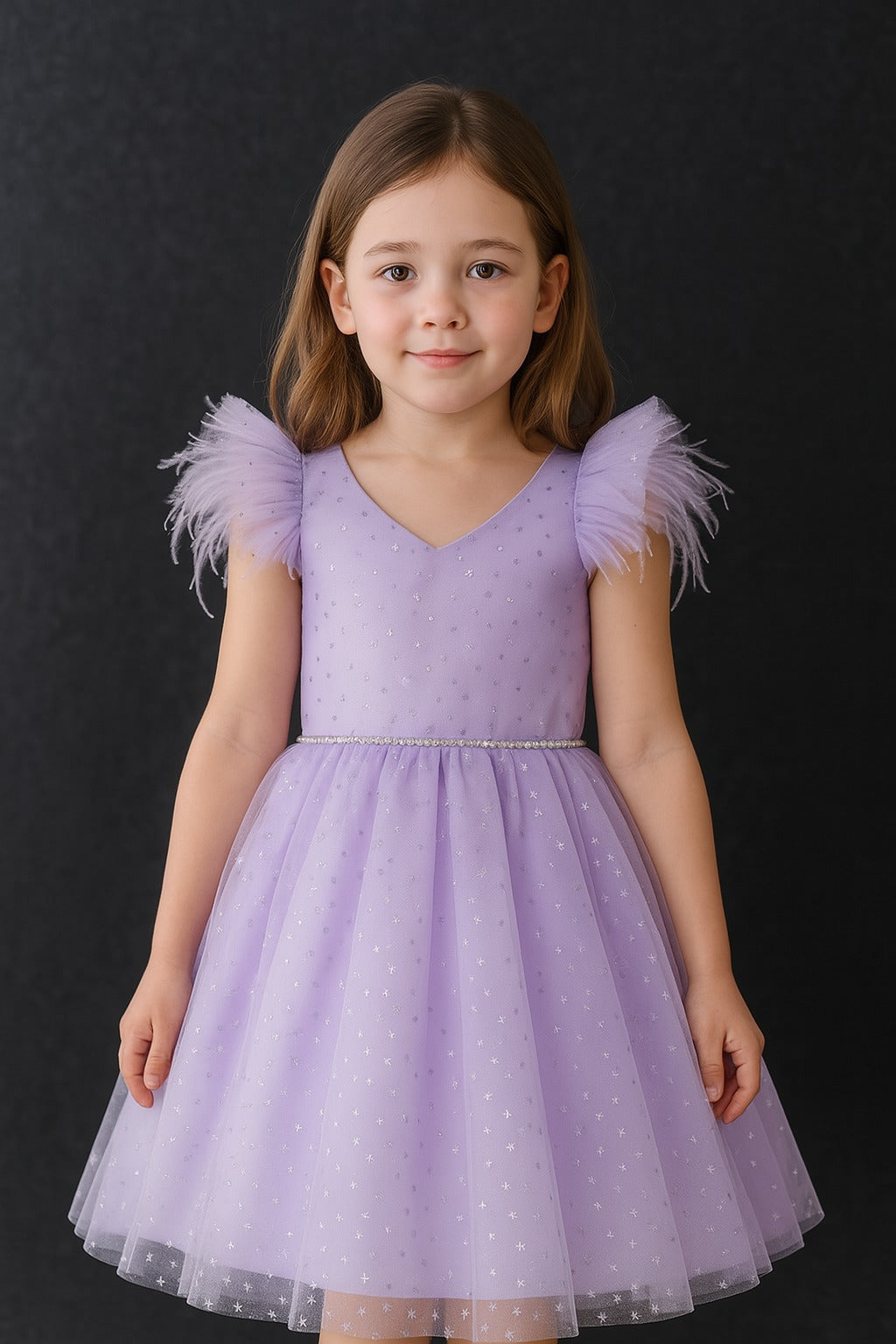 Elegant Lavender Glitter Party Dress for Girls with Puff Sleeves and Pearl Waistline - Inayah Fashion