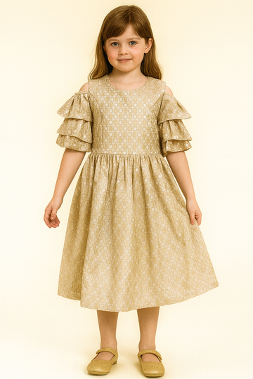 Elegant Beige Girls Midi Dress with Shimmer Circle Pattern and Triple-Layered Ruffle Sleeves
