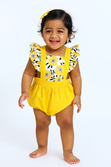 Yellow Floral Print Ruffle Sleeve Baby Romper - Inayah Fashion