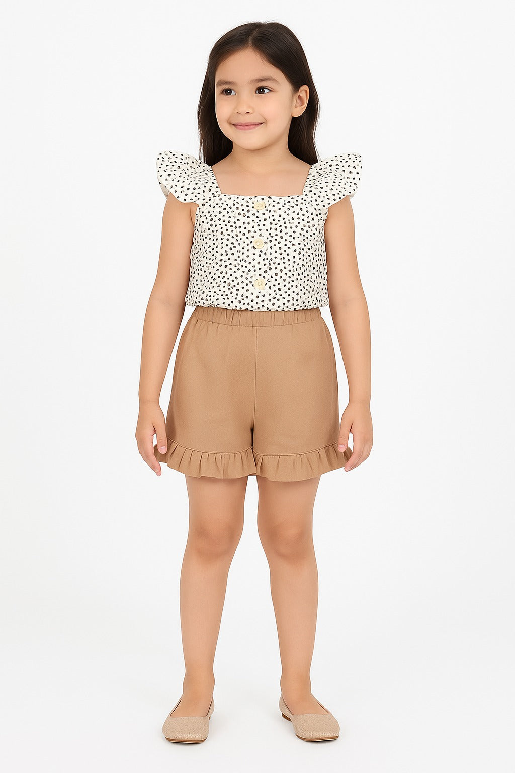 Polka Dot Sleeveless Top Ruffle Shorts Set for Girls – Stylish Summer  Co-ord Outfit in Beige and White – Casual Wear for Toddlers Kids