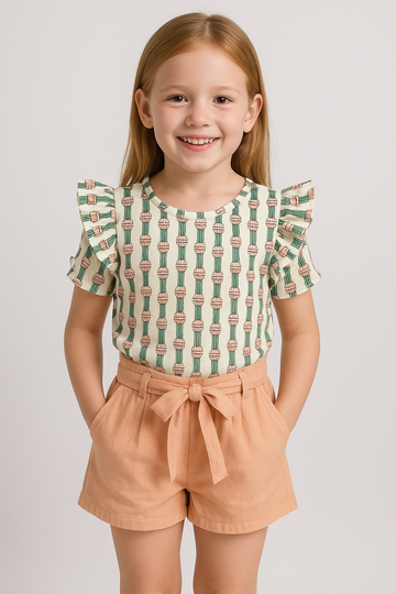 Trendy Printed Top and Peach Shorts Set for Girls