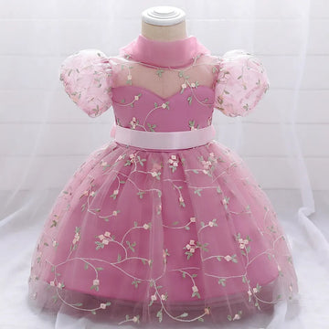 Blossom Pink Floral Embroidered Gown – Elegant Baby Girl Party Dress