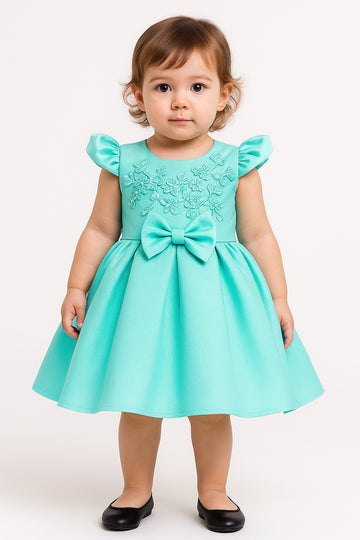 Barbie Blue Solid Applique Floral Sleeveless Bow Party Dress