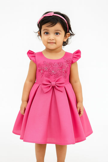 Barbie Pink Solid Applique Floral Sleeveless Bow Party Dress