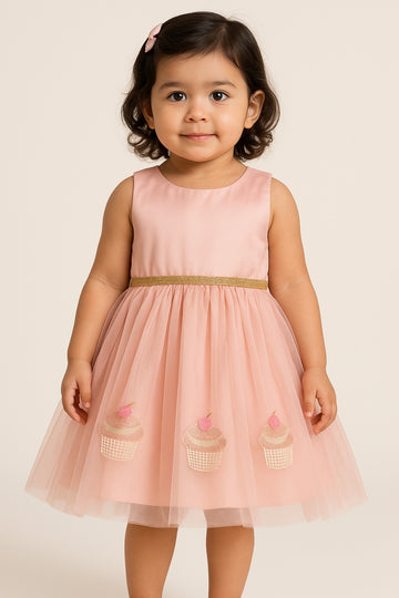 Blush Pink Sleeveless Party Frock with Sparkling Cupcake Sequin Embroidery and Golden Waist Belt