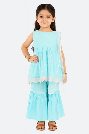 Aqua Blue Sharara Set for Girls – Sleeveless Kurti with Silver Embroidery, Tiered Sharara Pants & Net Dupatta