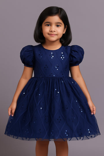 Navy Blue Sequin Net Frock for Girls – Puff Sleeve Party Wear