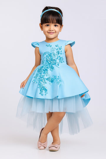 Chic Sky Blue Layered High-Low Frock with Sequin Floral Embellishments