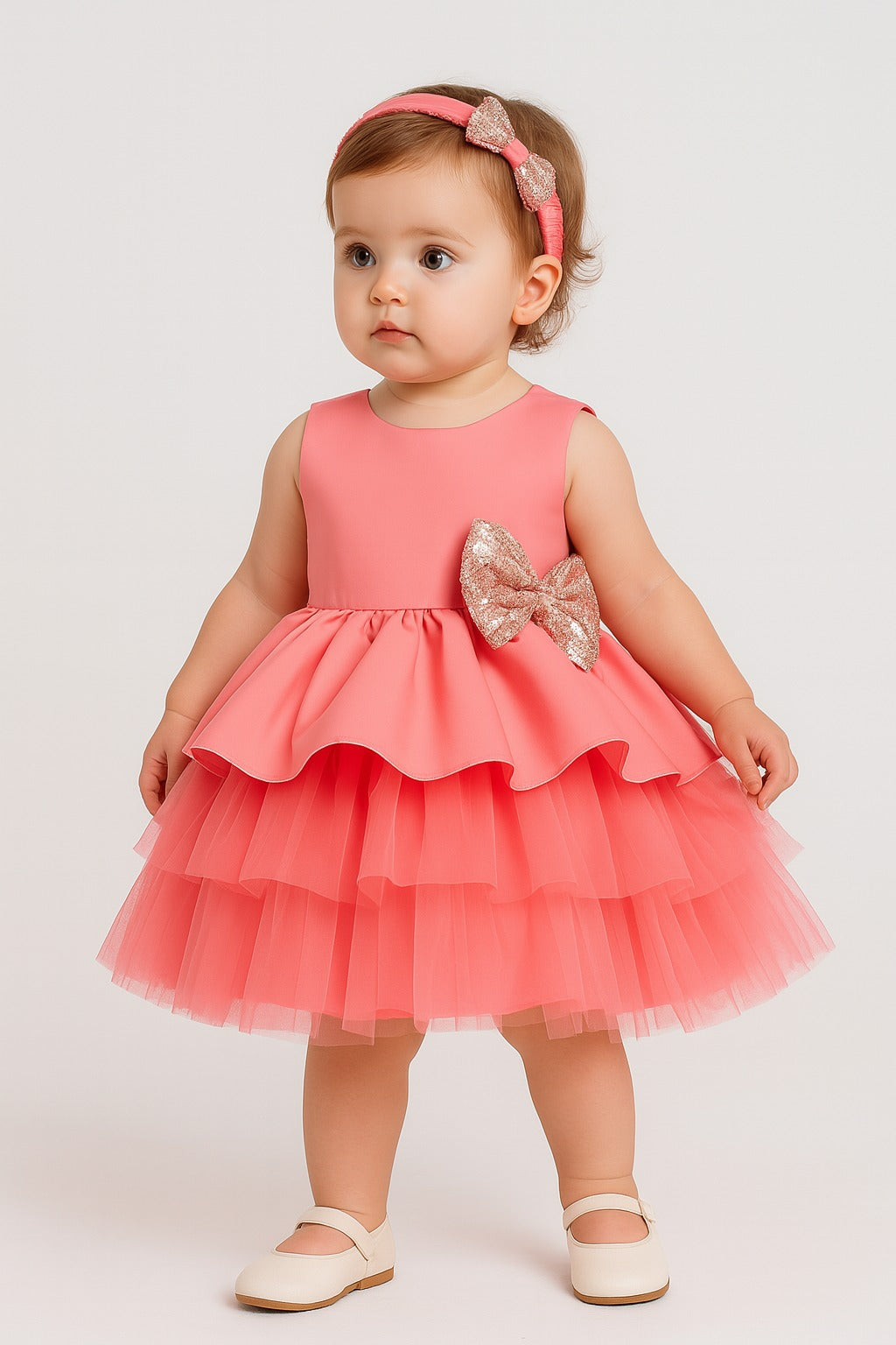 Elegant Coral Pink Baby Girl Party Dress with Sequinned Bow & Matching Headband - Inayah Fashion