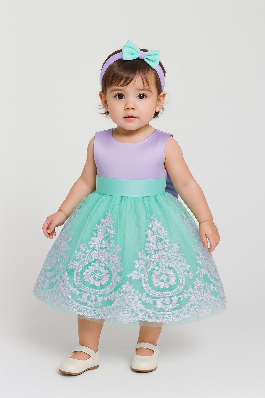 Lavender & Aqua Embroidered Party Dress with Matching Headband - Inayah Fashion