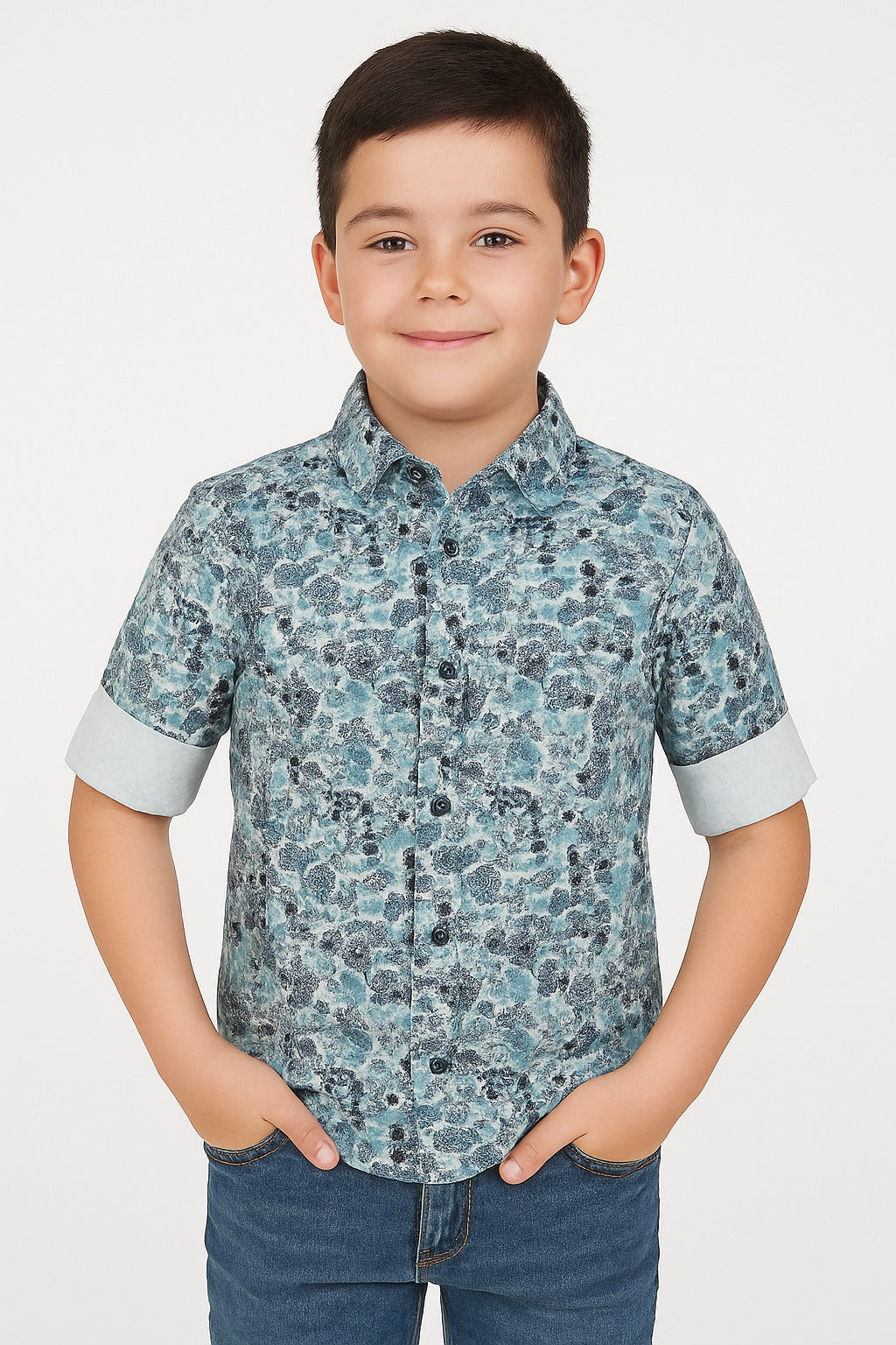 Boys Blue Printed Half Sleeve Shirt Stylish Casual and Party Wear Shirt - Inayah Fashion