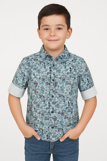 Boys Blue Printed Half Sleeve Shirt Stylish Casual and Party Wear Shirt
