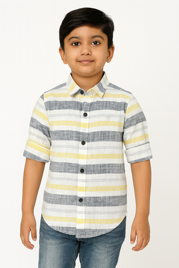 Boys Striped Casual Shirt – Yellow & Grey Cotton Blend