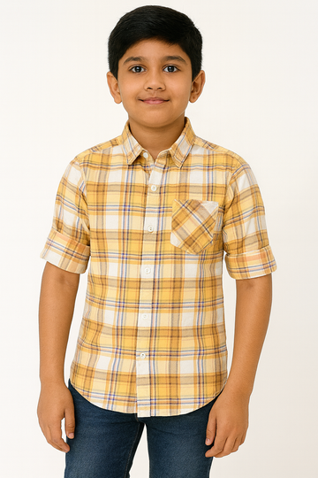 Yellow Checked Cotton Full Sleeve Shirt