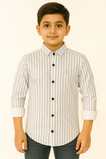 Grey and White Striped Full Sleeve Cotton Shirt