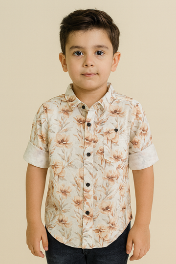 Beige Floral Printed Half Sleeve Cotton Shirt