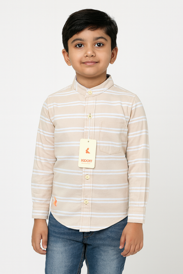 Beige and White Striped Mandarin Collar Full Sleeve Shirt