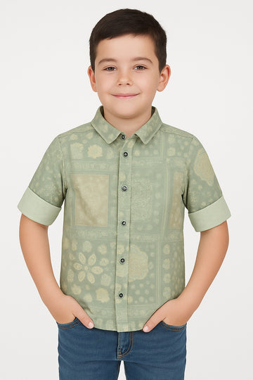 Boys Green Printed Half Sleeve Shirt Stylish Casual and Party Wear Shirt