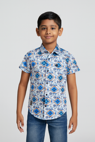 Blue & White Ikat Printed Short-Sleeve Cotton Shirt for Boys