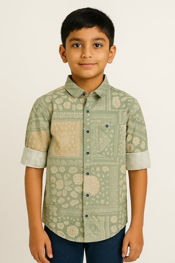 Olive Green Block Printed Cotton Shirt for Boys