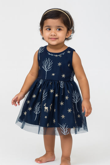 Adorable Navy Blue Sleeveless Dress for Girls with Forest Theme Embroidery and Net Overlay
