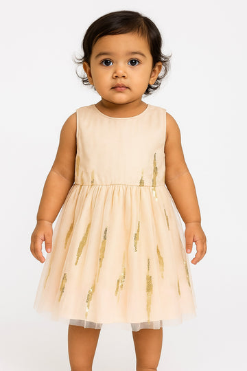 Chic Beige Sleeveless Party Dress for Girls with Gold Sequin Detailing and Tulle Skirt