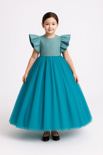 Girls Teal Blue Party Gown – Elegant Tulle Dress with Shimmer Bodice & Butterfly Sleeves