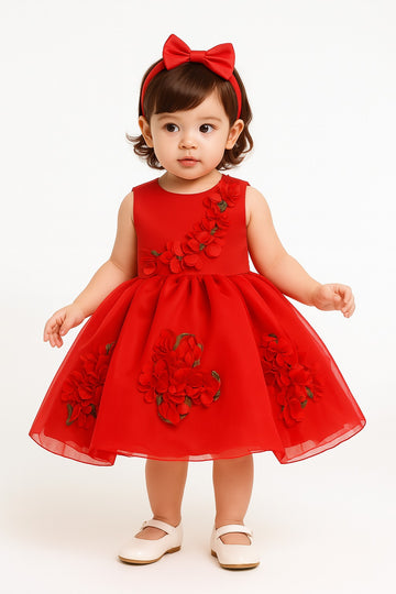 Elegant Red Baby Girl Frock with 3D Floral Appliqué – Party Wear