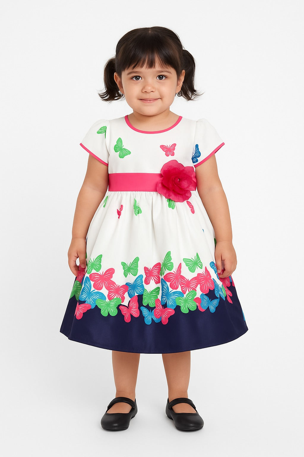 White Butterfly Printed Girls Party Dress with Pink Flower Belt - Inayah Fashion