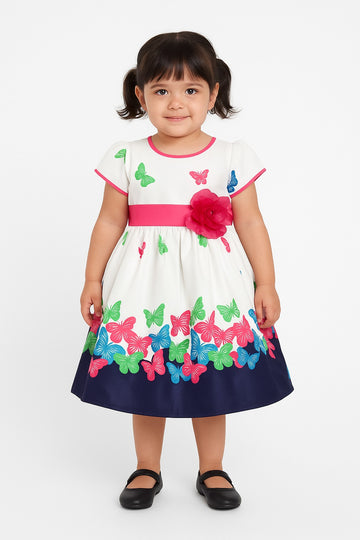White Butterfly Printed Girls Party Dress with Pink Flower Belt - Inayah Fashion