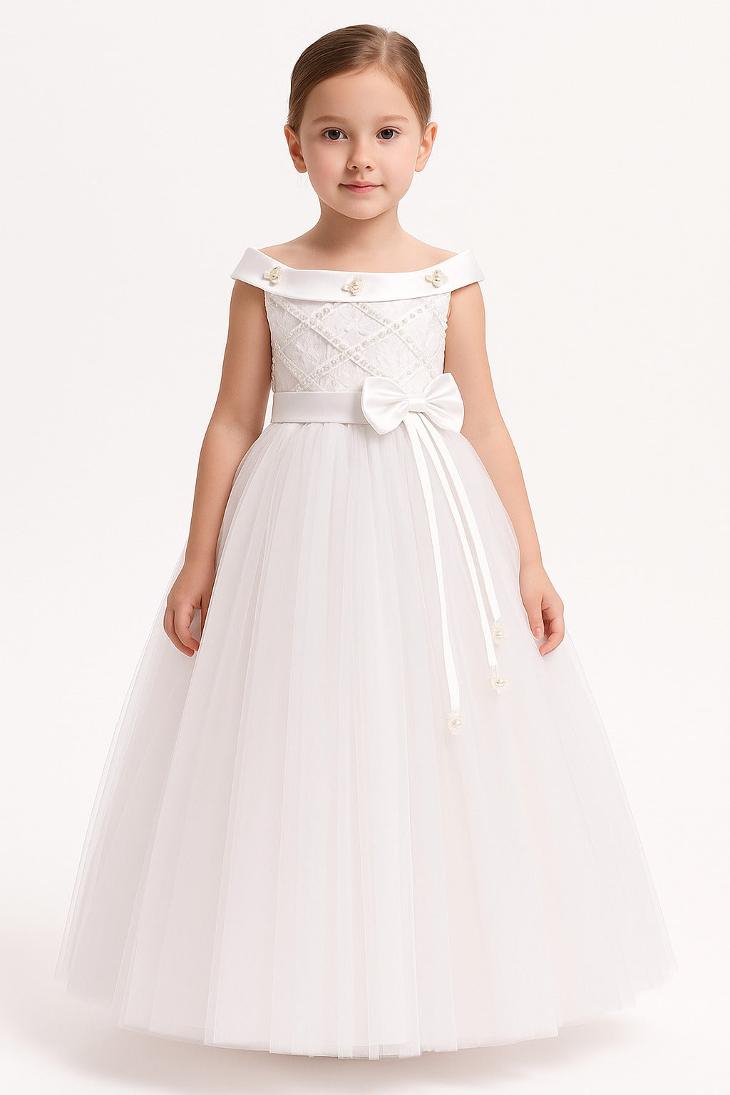 Elegant White Off Shoulder Gown for Girls with Satin Bow and Beaded Embellishments - Inayah Fashion
