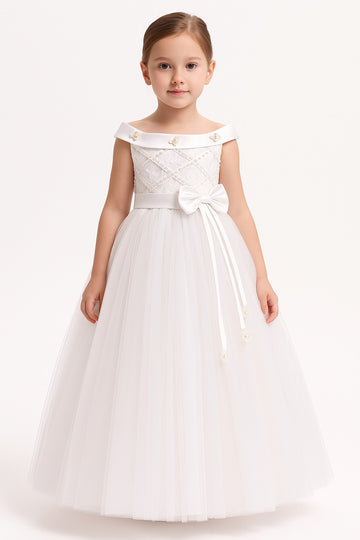 Elegant White Off Shoulder Gown for Girls with Satin Bow and Beaded Embellishments