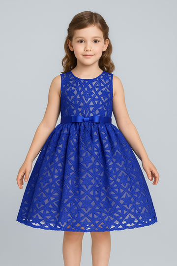 Stunning Royal Blue Sleeveless Party Dress for Girls with Geometric Embroidery and Satin Bow