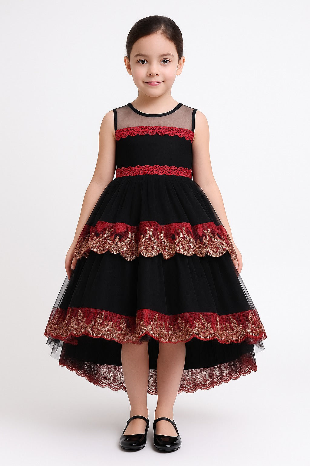 Elegant Black Party Frock for Girls with Red and Golden Embroidered Hem - Inayah Fashion