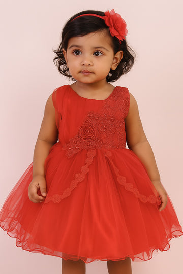 Elegant Red Net Party Frock for Girls – Floral Lace & Bead Design