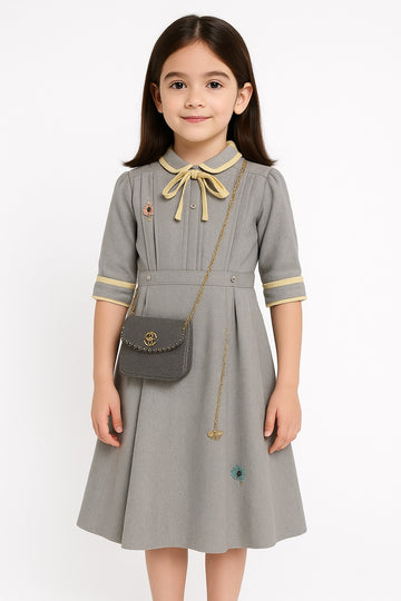 Elegant Grey Midi Dress for Girls with Yellow Accents & Handbag