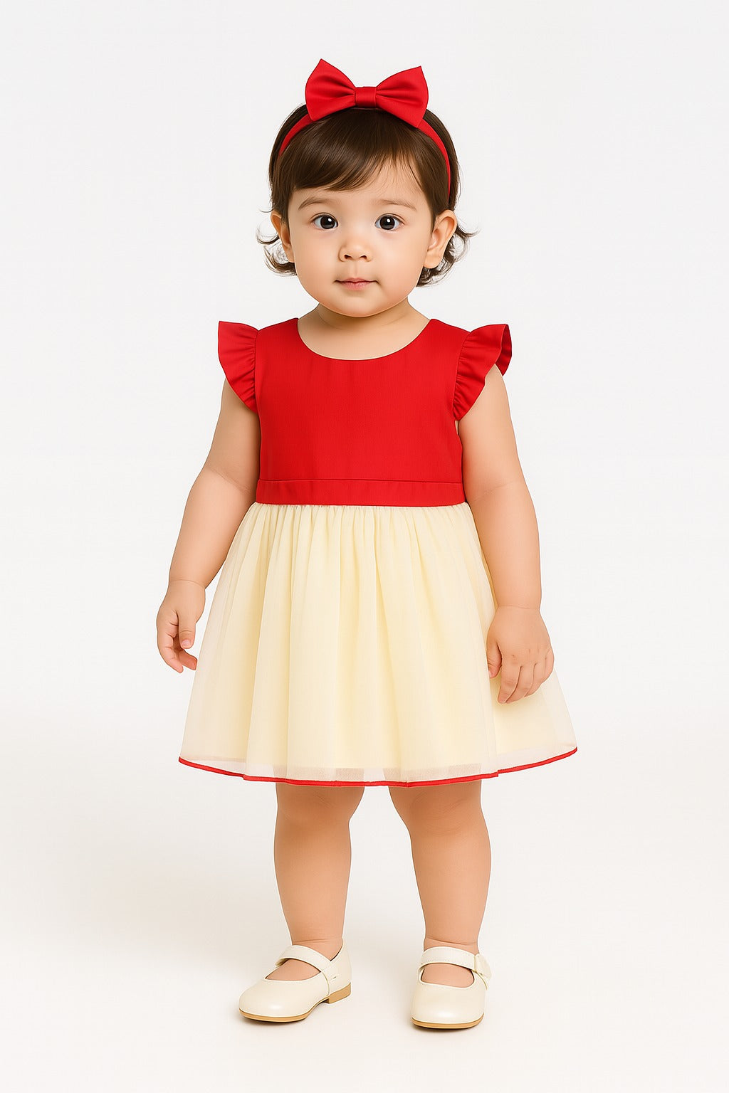Girls' Red & Cream Party Dress | Short Ruffle Sleeves & Flowy Tulle Skirt - Inayah Fashion